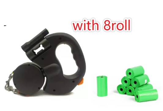 Black retractable dog leash with green doggy training rolls on a white background