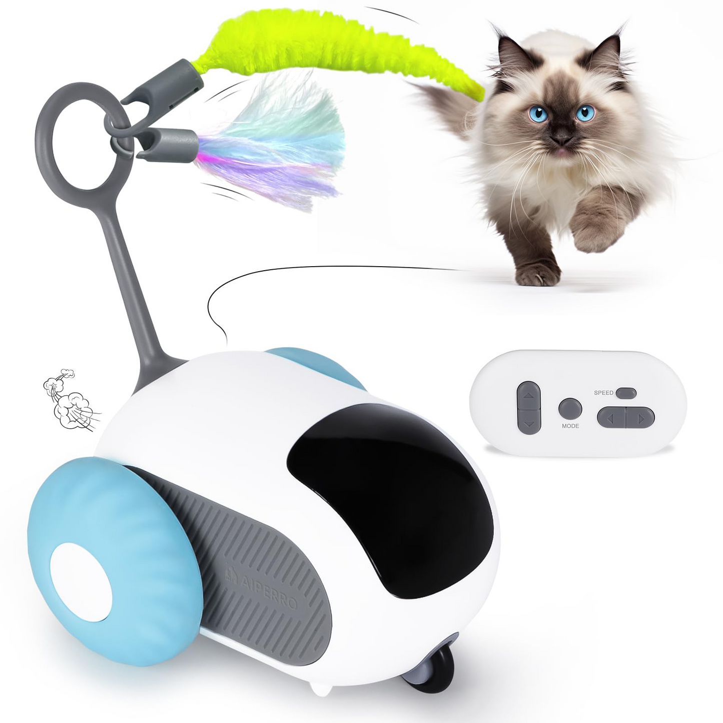 Pet toy with remote control and a cat looking at it