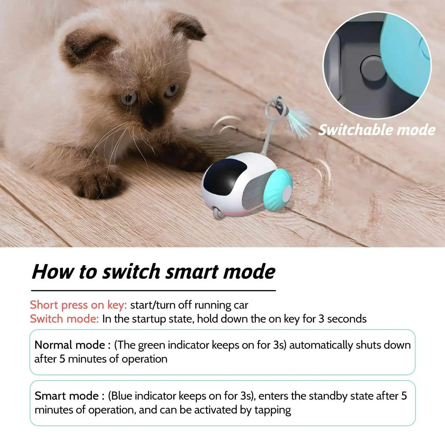 Cat playing with a toy car on a wooden floor, with text explaining how to switch smart mode.