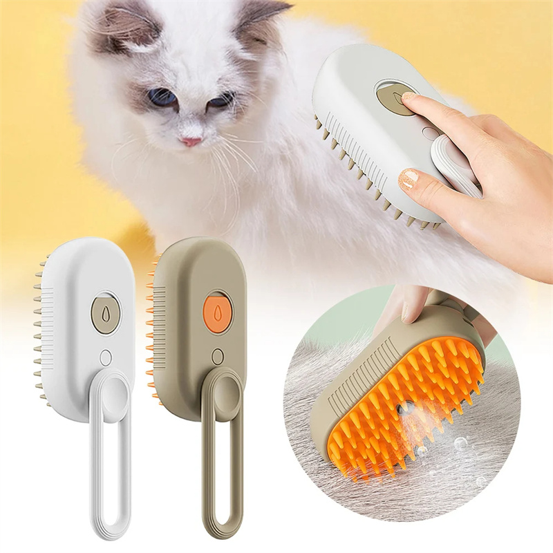 Cat being brushed with a grooming tool against a yellow background