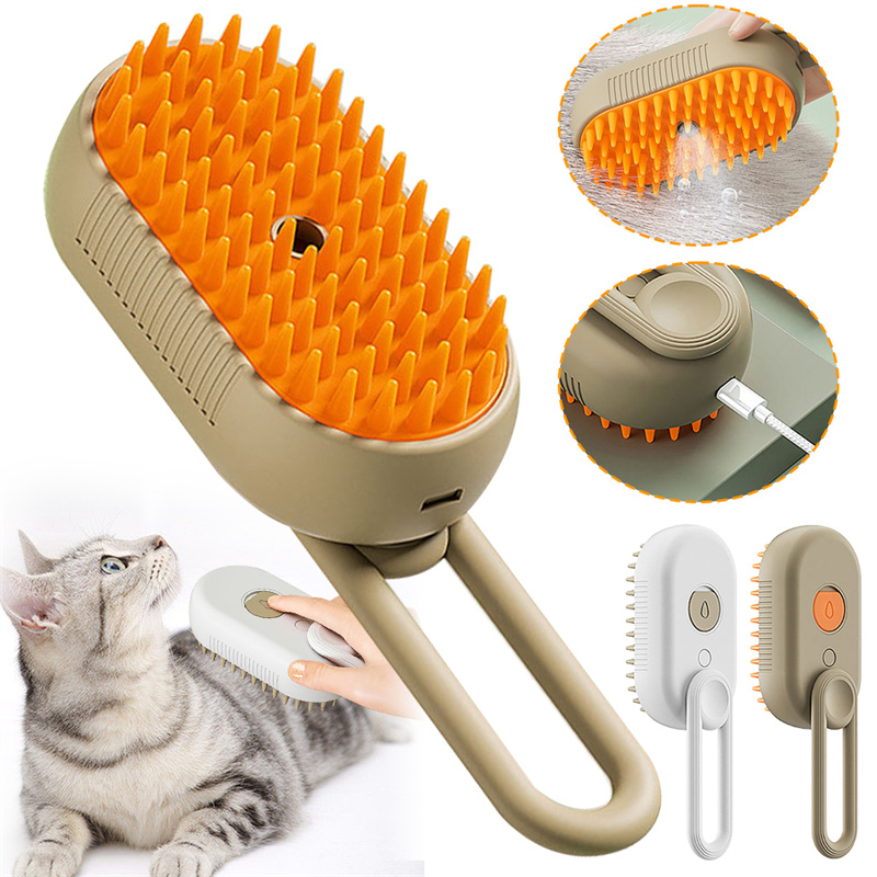 Pet grooming brush with orange bristles, shown with a cat and close-up details on a white background.