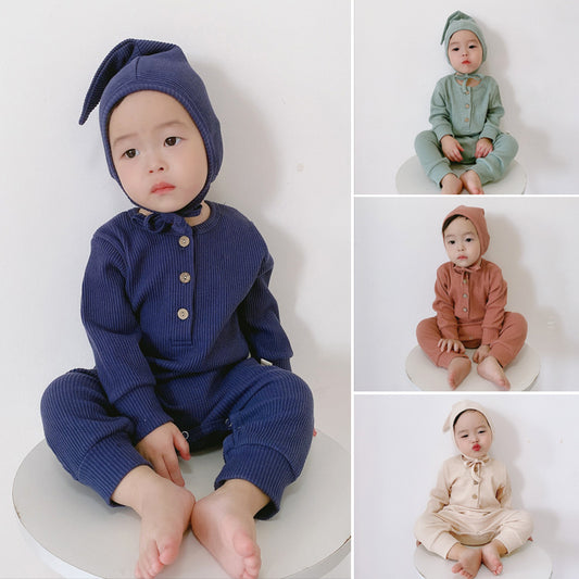 Collage of children wearing colorful outfits and hats on a white background