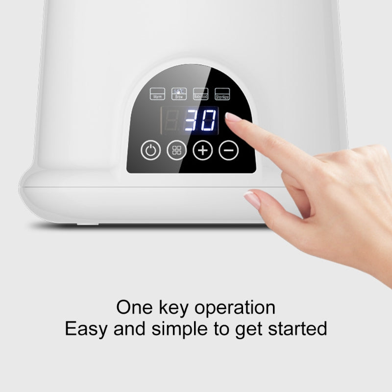 Hand pressing a button on a digital device with a display, on a white background.